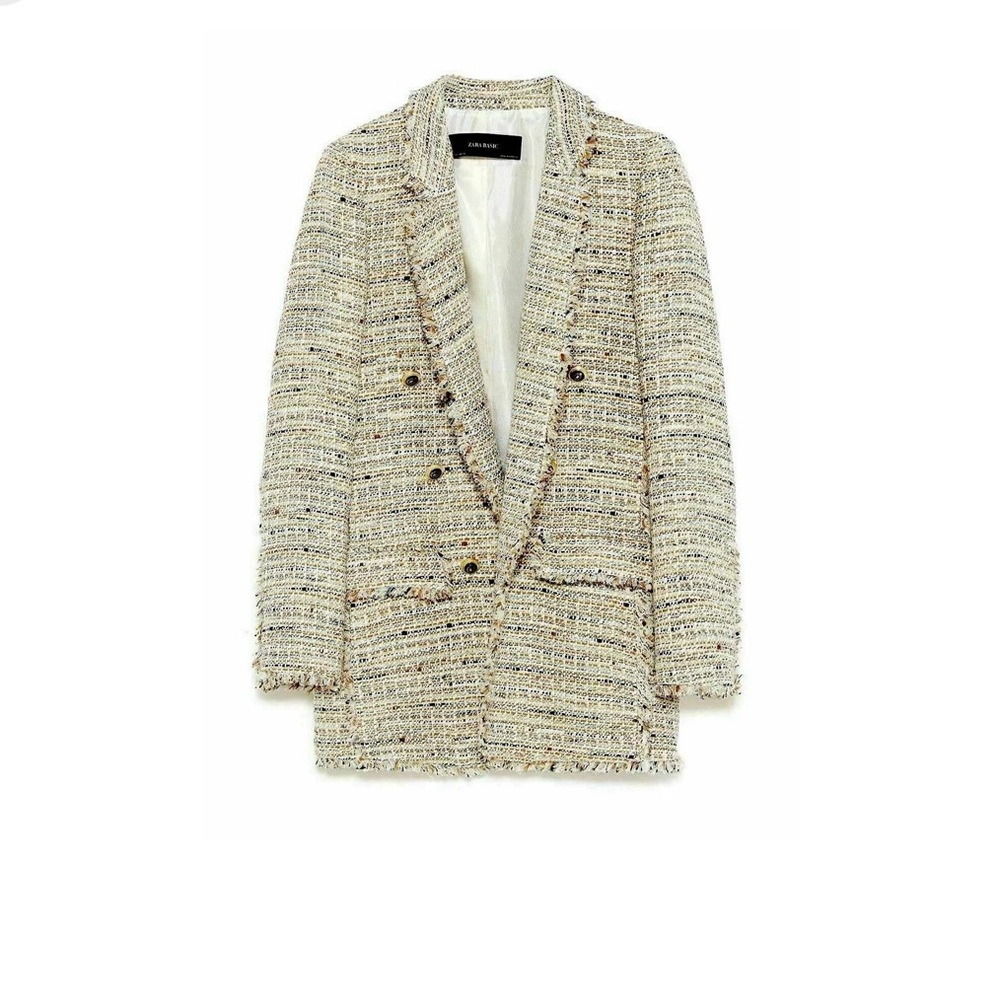 Zara cream open front gold button tweed long sleeve blazer jacket XS